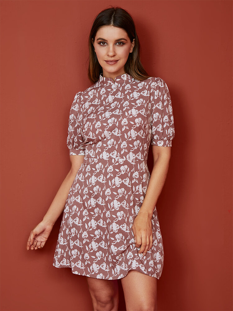 Oriental Flower Print Stand Collar Short Sleeve Mini Dress