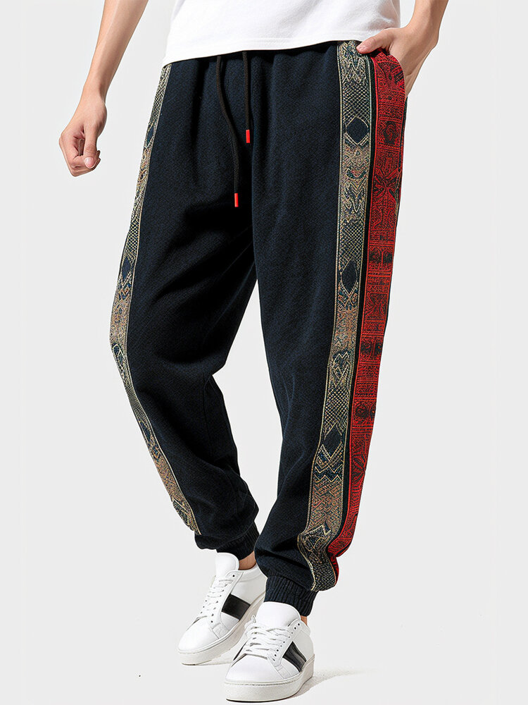 Pantalon ample à taille avec cordon de serrage pour hommes, imprimé totem ethnique, patchwork