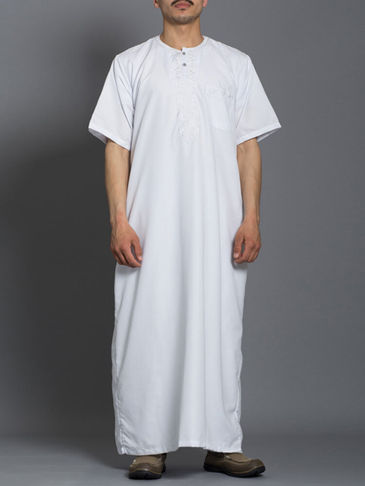 Mens Embroidered Button Design Short Sleeve Muslim Robe
