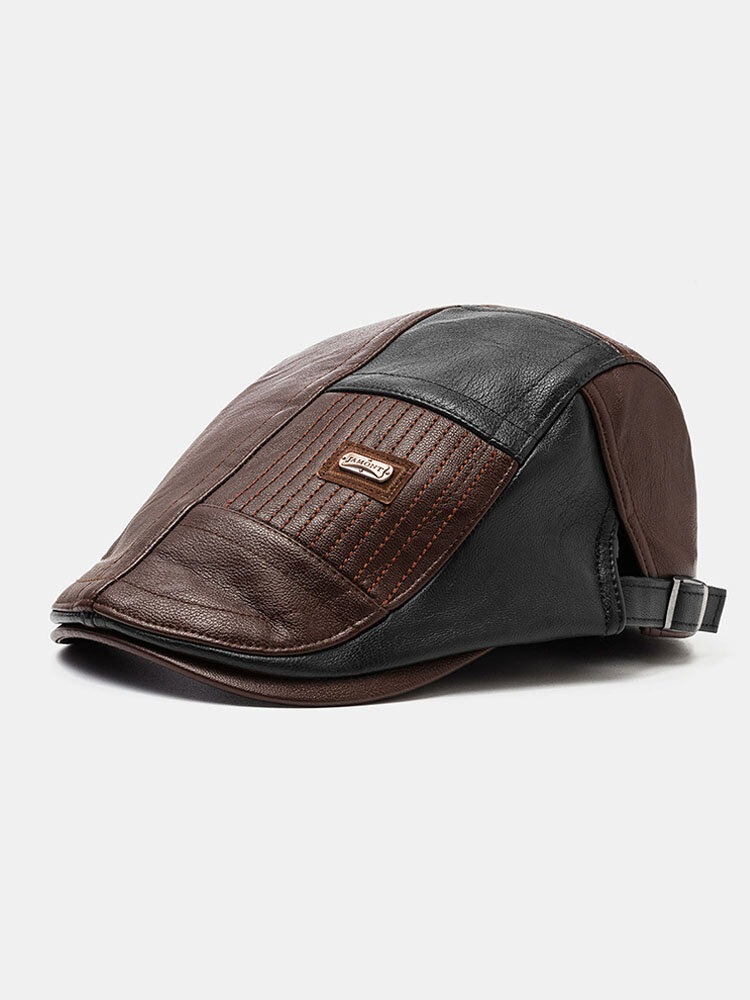 COLLROWN Men Faux Leather Patchwork Color Casual Vintage Adjustable Forward Hat Beret Hat