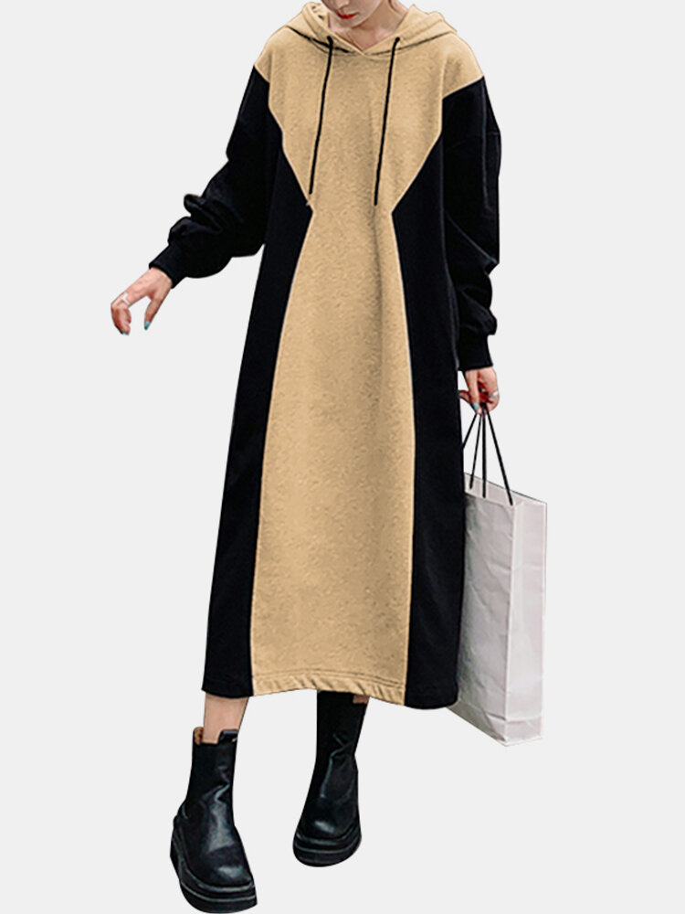 Contrast Color Patchwork Casual Long Sleeve Hoodie Dress