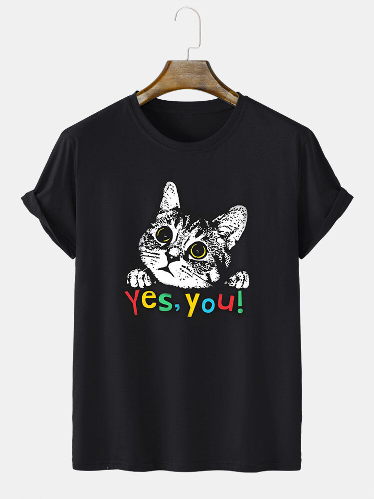 Mens Cartoon Cat Letter Print Crew Neck Short Sleeve T-Shirts Winter