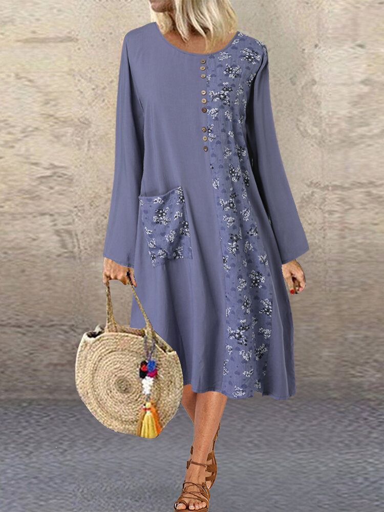 Vintage Floral Patchwork Button A-line Plus Size Dress