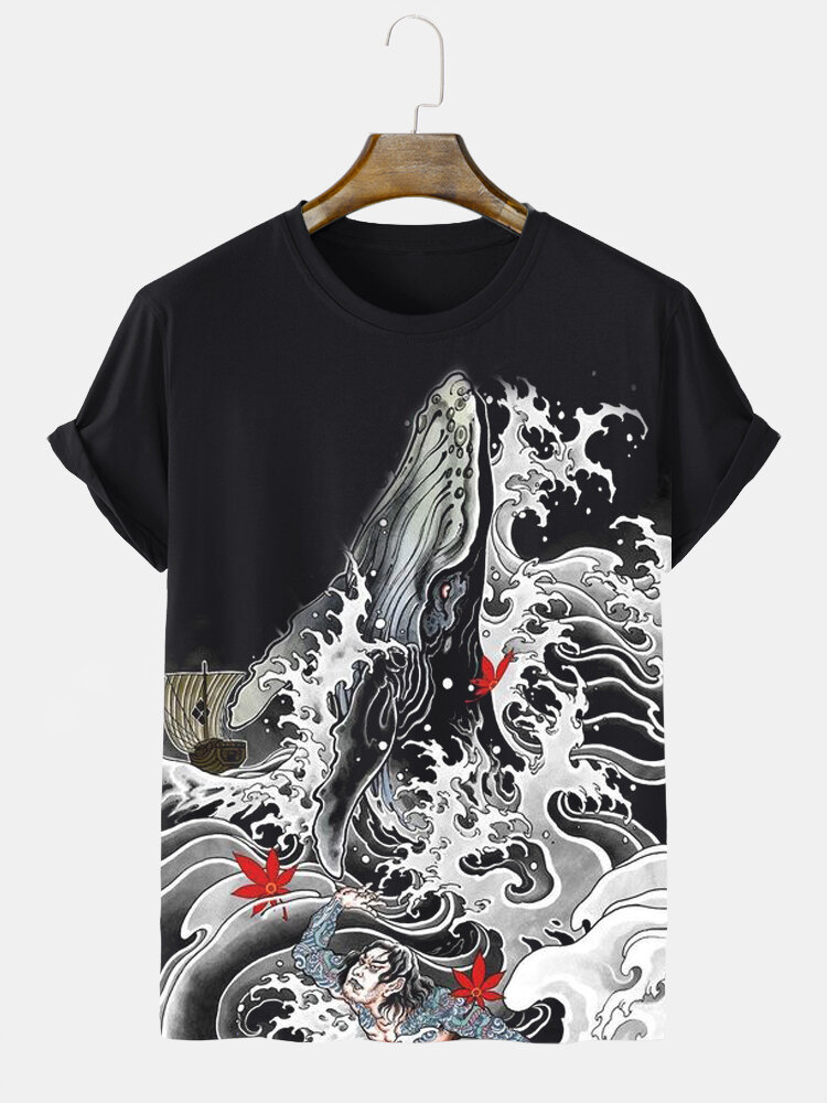 Herren-T-Shirts mit japanischem Wellenfiguren-Aufdruck, Rundhalsausschnitt, kurzärmelig, Winter