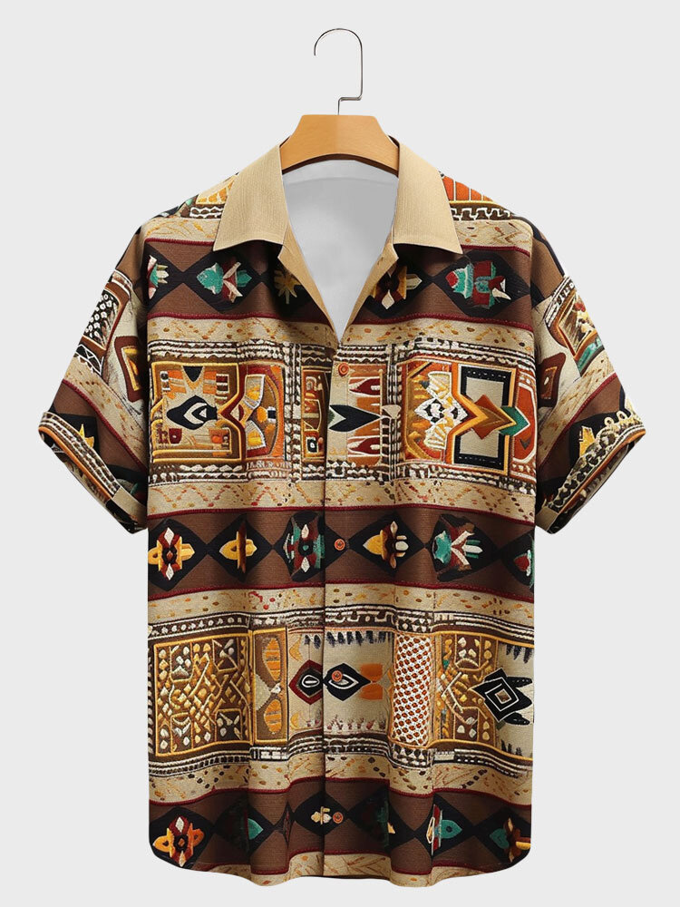 

Mens Allover Ethnic Totem Print Lapel Short Sleeve Shirts Winter, Brown