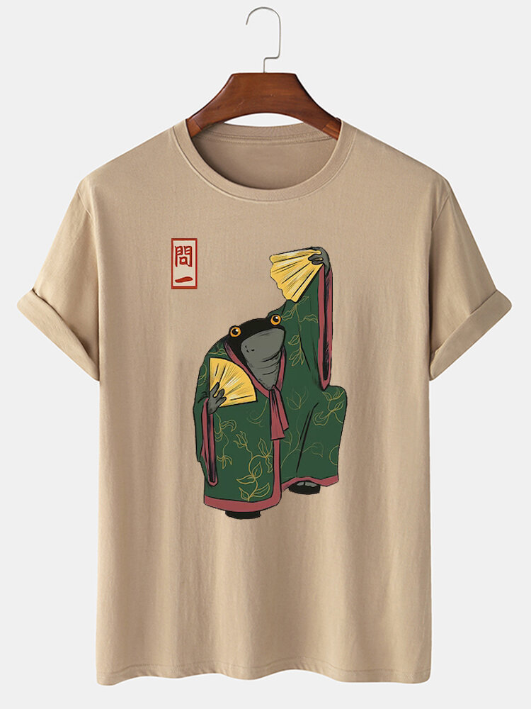 

Mens Japanese Frog Print Crew Neck Short Sleeve T-Shirts Winter, Khaki;white;black