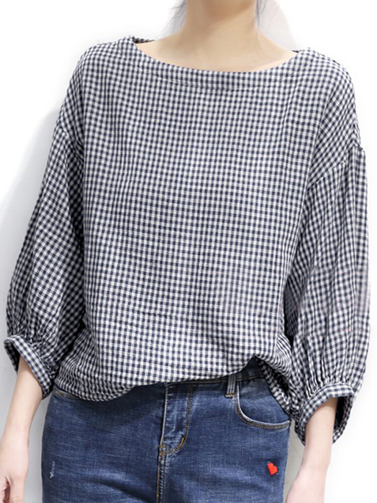 Check Pattern Puff Sleeve Crew Neck Casual Blouse
