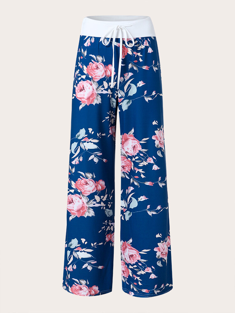 Plus Size Calico Pattern Patchwork Knotted Wide Leg Pants