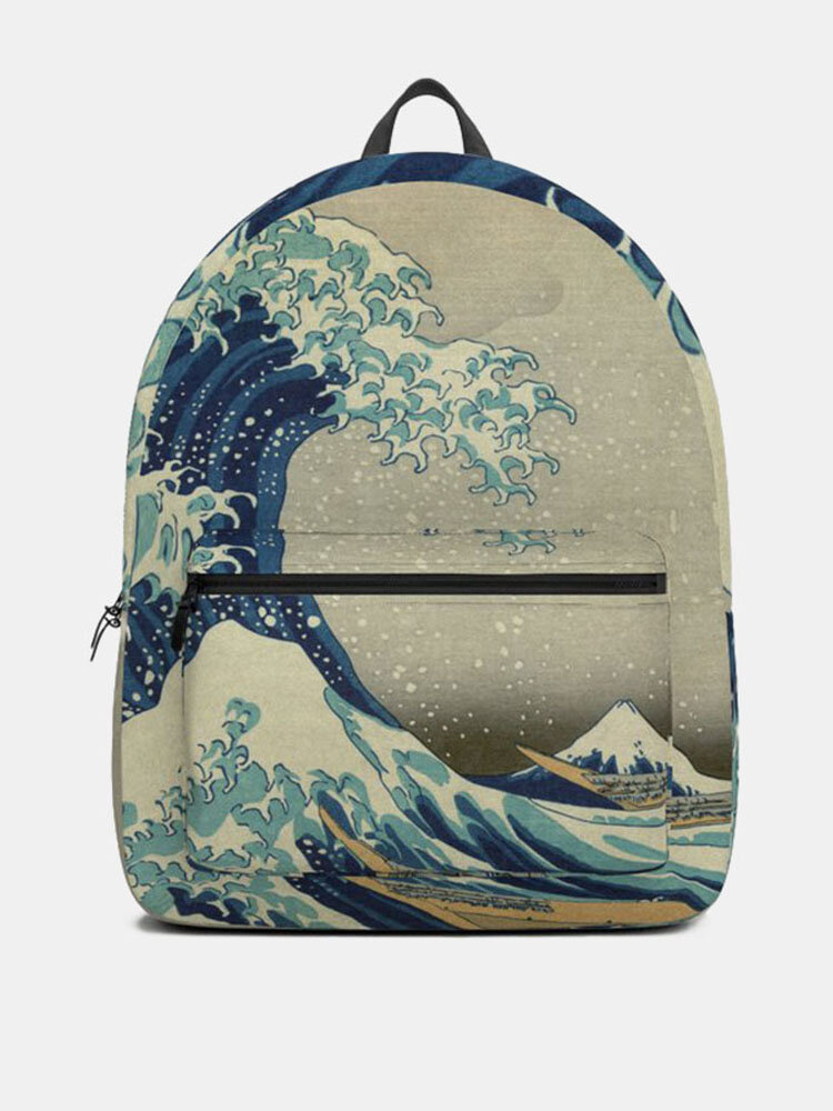 Men Women Sea Wave Prints Large Capacity Backpack