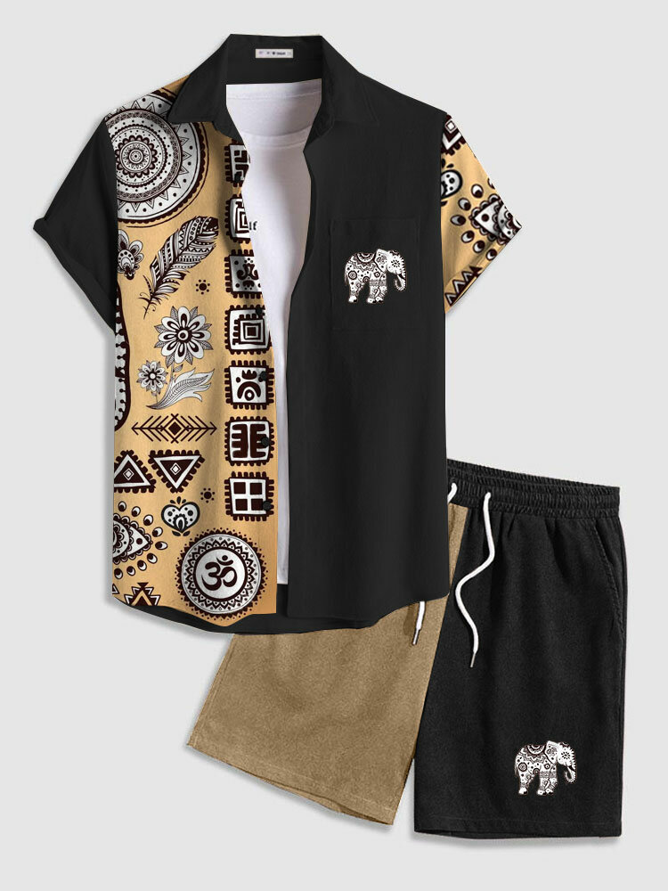 Mens Ethnic Floral Elephant Print Patchwork Two Pieces Outfits