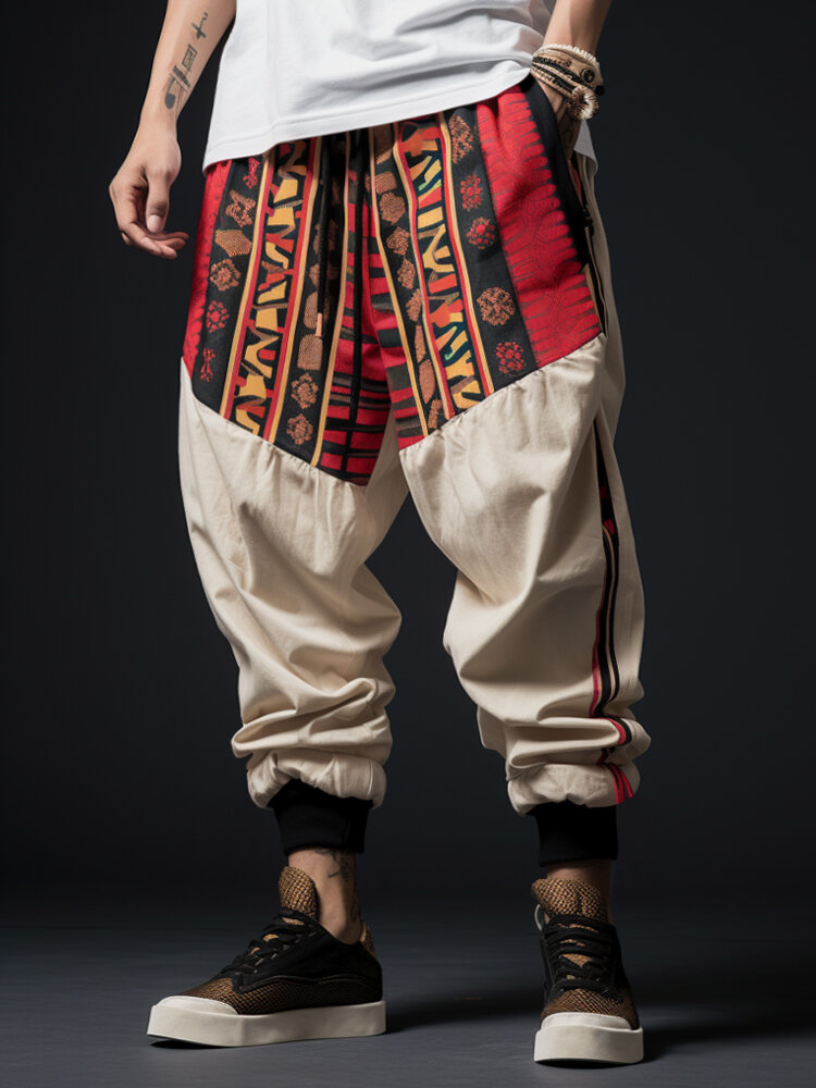 Pantalon à taille ample avec cordon de serrage pour hommes, imprimé ethnique, Patchwork, hiver