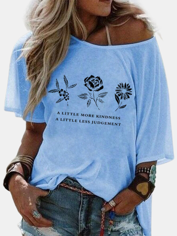 Flower Letter Print Off-shoulder Short Sleeve Casual T-shirt For Women