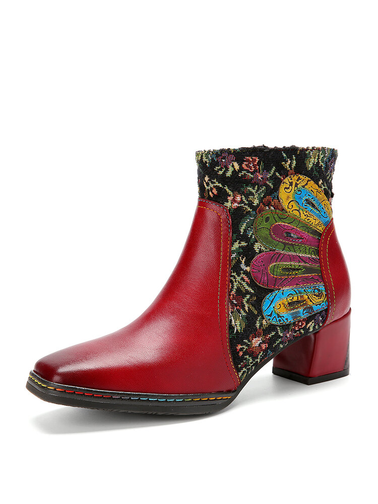 Socofy Retro Ethnic Leather Patchwork Cloth Floral Print Square Toe Side Zipper Block Heel Short Boots
