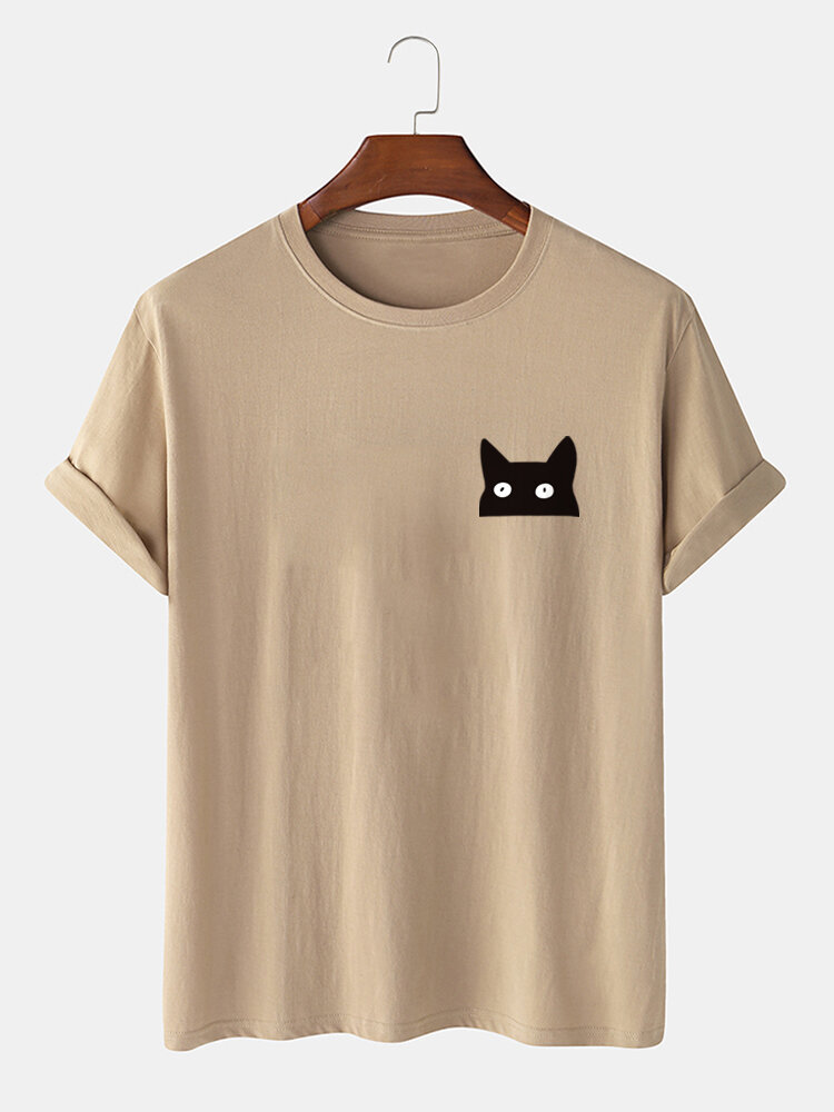 Mens Cartoon Cat Chest Print Crew Neck Short Sleeve 100% Cotton T-Shirt