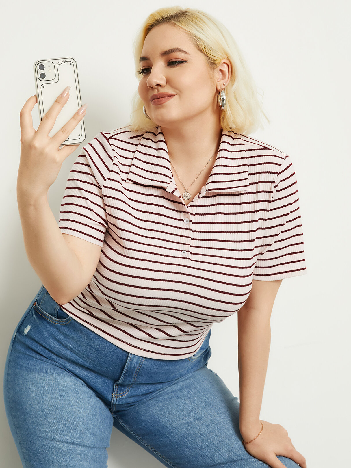 Plus Size Striped Button Design Short Sleeves Tee