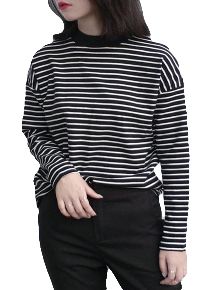 

Striped O-neck Long Sleeve Bottoming Blouse, Black;white
