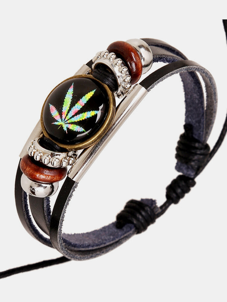 Punk Multilayer Unisex Bracelets Wooden Beads Maple Leaf Casual Bracelet for Men Gift