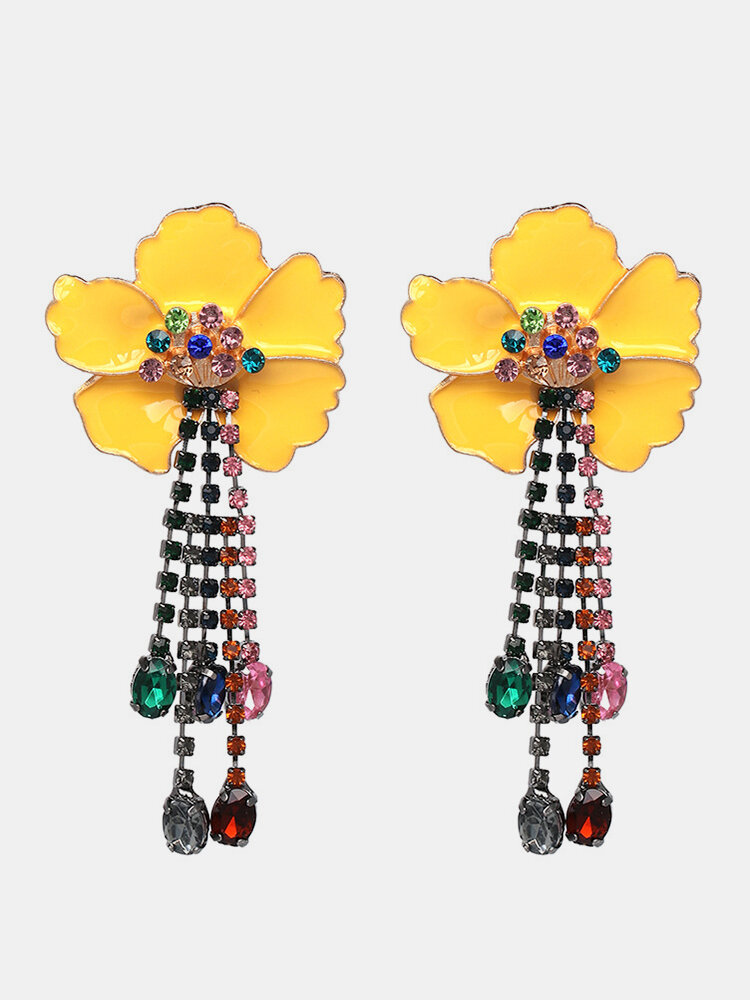 European American Elegant Flowers Tassel Earrings Colorful Ethnic Tassel Piercing Dangle Earrings