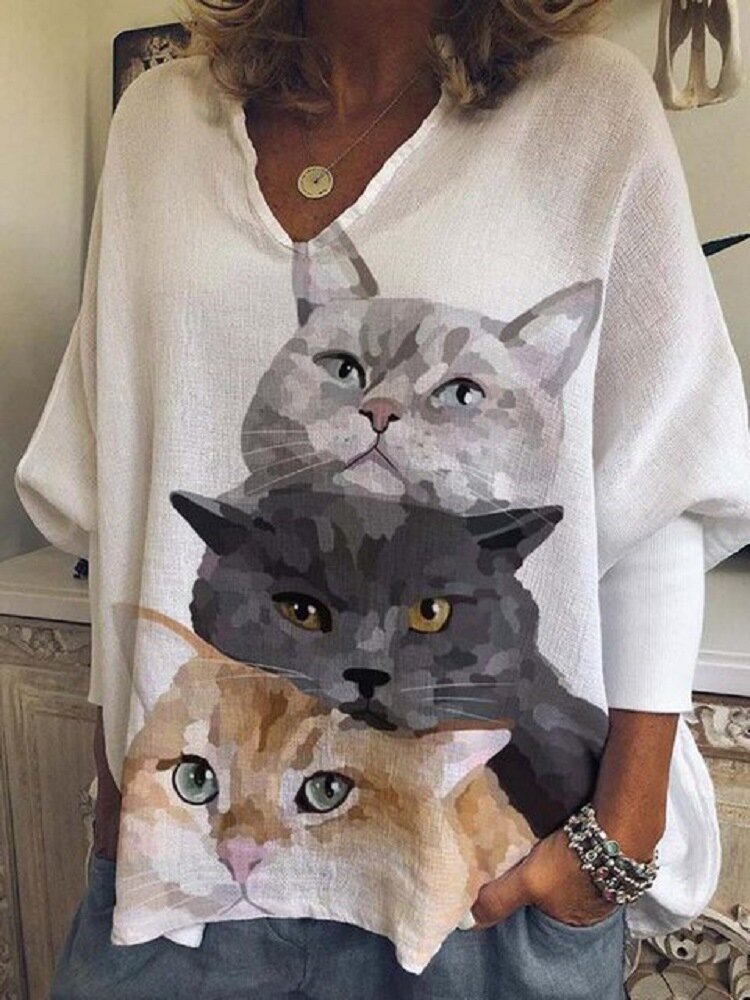 Women Cat Print Long Sleeve Loose Casual Blouse