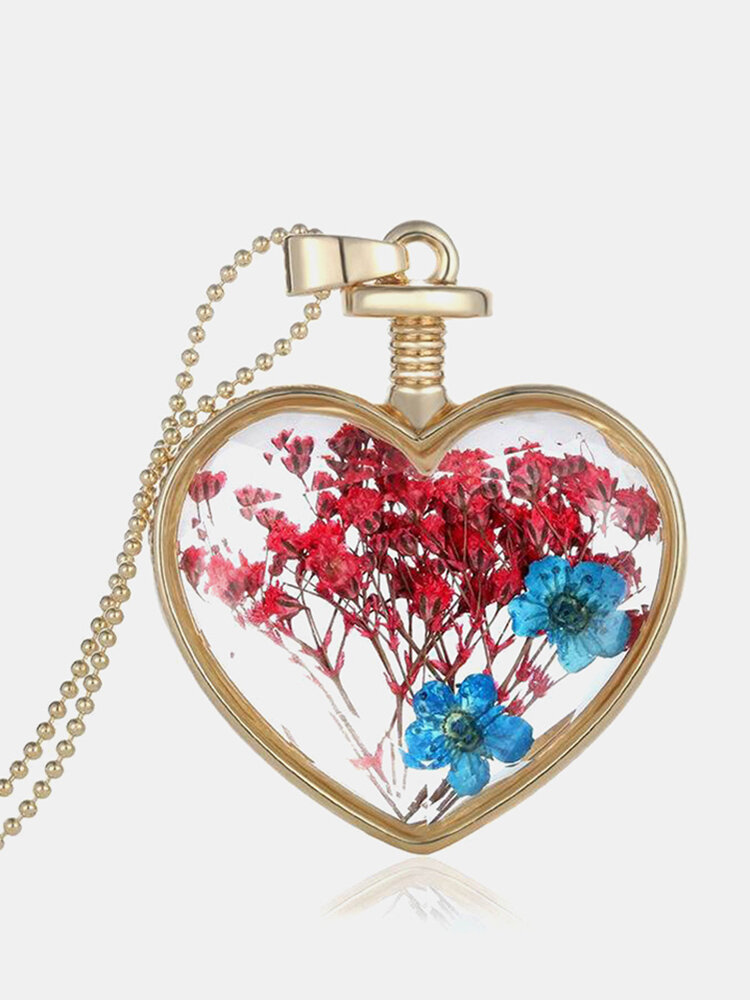 Collier de fleurs séchées en verre de coeur de pêche géométrique en métal Collier pendentif de fleurs séchées naturelles