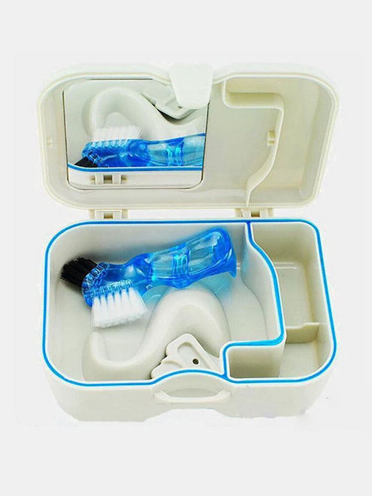 Denture Case Container Kit Plastic Storage Box With Mirror And Clean Brush Dental Appliance