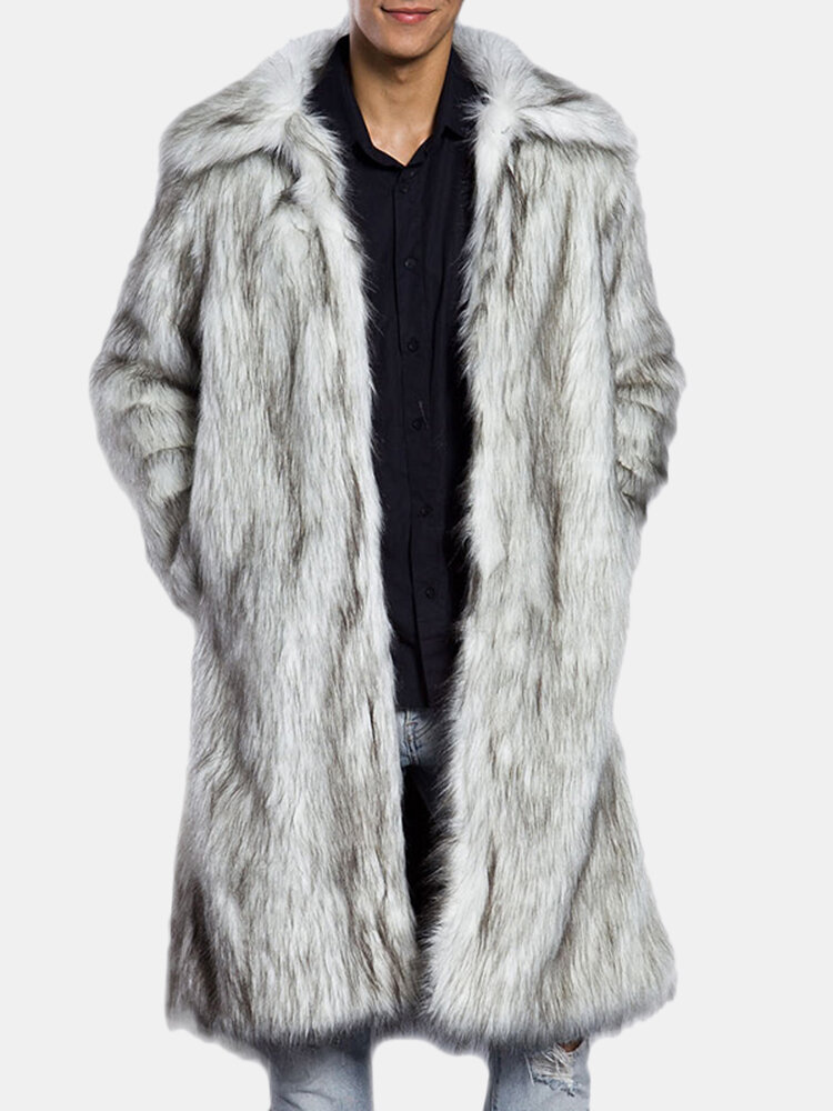 Mens Winter Warm Faux Fur Coat Turndown Collar Mid-long Casual  Jacketsales-NewChic