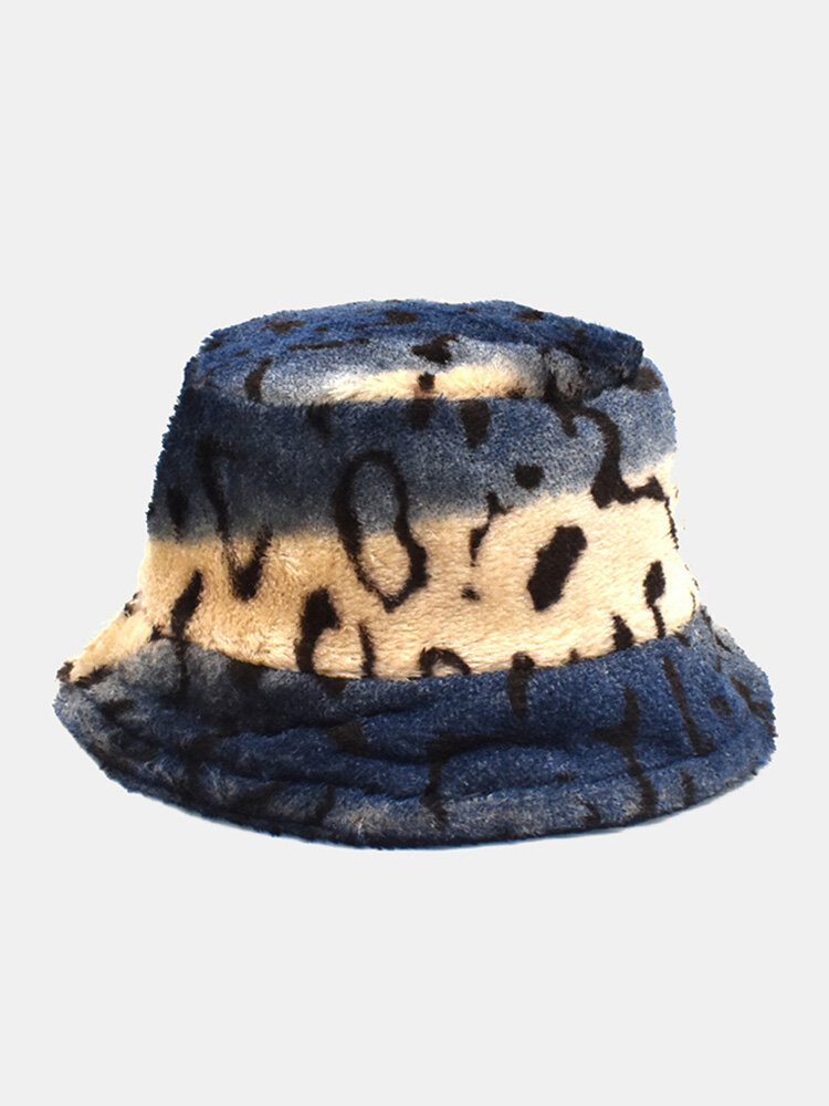 Unisex Faux Rabbit Fur Plush Color Contrast Overlay Irregular Pattern Print Fashion Warmth Bucket Hat