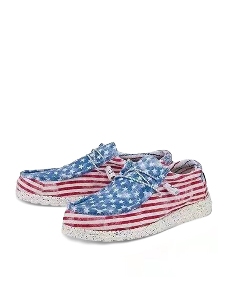 

Large Size Casual Stars & Stripes Pattern Breathable Comfy Flat Shoes For Women, Beige