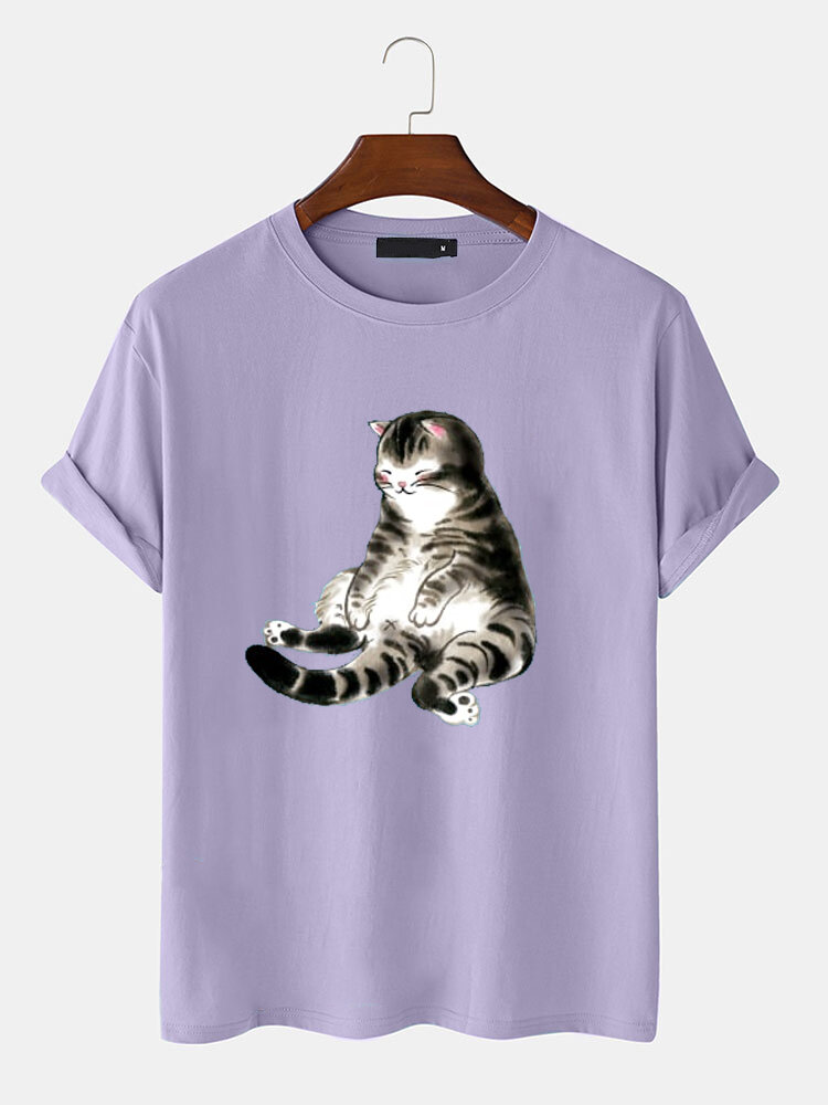 Mens Cute Cat Graphic Crew Neck Casual Short Sleeve T-Shirts Winter