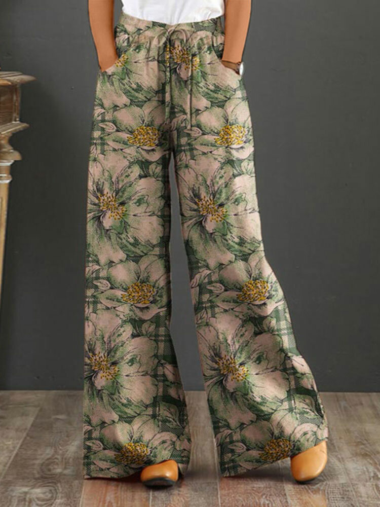 Feminino vintage floral estampado com cordão na cintura reta Calças