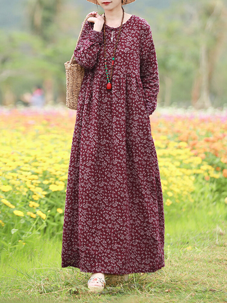 Vestido maxi vintage com estampa floral cintura alta bolso
