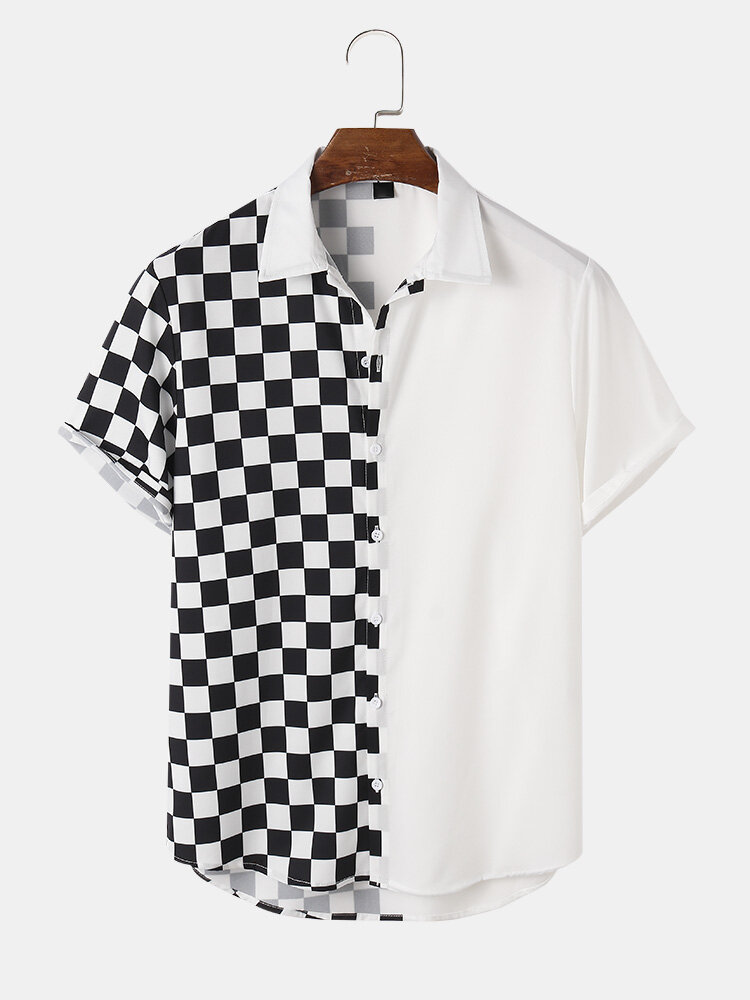 Mens Checkerboard Print Colorblock Button Up Short Sleeve Shirt
