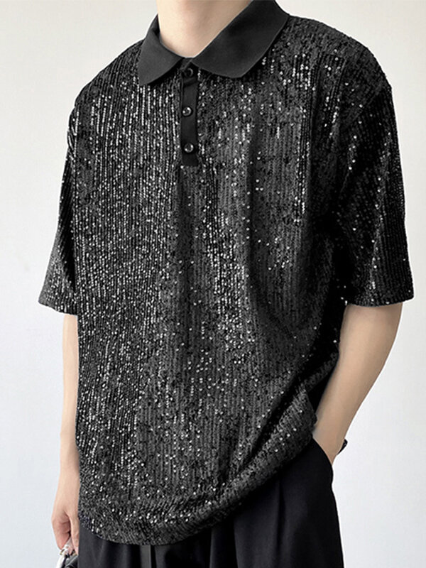 

Mens Sequin Sparkle Glitter Patchwork Shirt, Black;apricot
