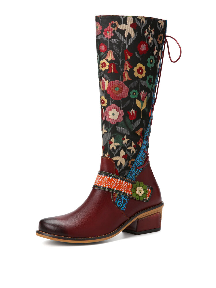 Socofy Casual Floral Print Leather Back Lace-up Design Side Zipper Comfortable Low Heel Knee High Boots