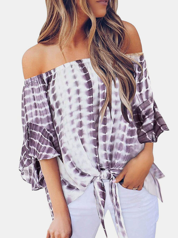 Tie Dye Off The Shoulder Flared Bell Sleeve Summer Casual Blouse