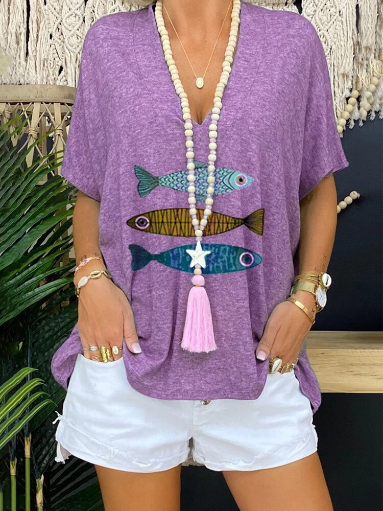 Fish Printed V-neck Short Sleeve T-shirt For Women