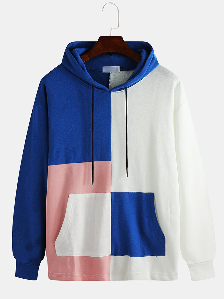 Mens Cool Style Contrast Color Patchwork Muff Pocket Drawstring Hoodies