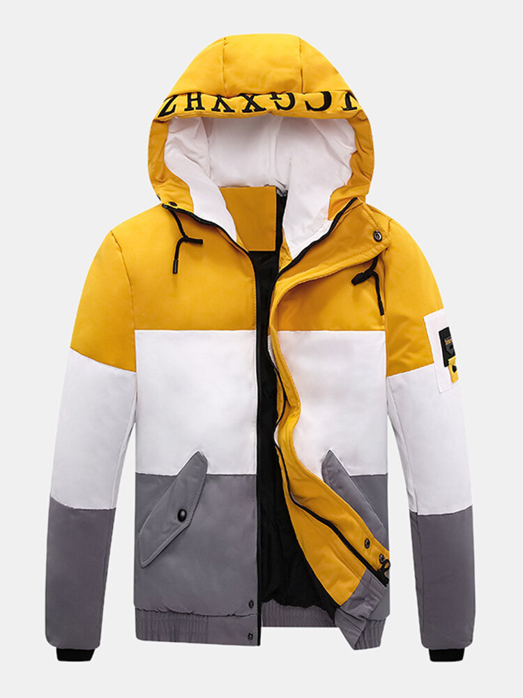 Mens Letter Print Color Block Patchwork Warm Hooded Puffer Jacket With Pocket
