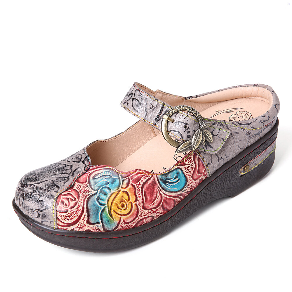 SOCOFY Retro Embossed Rose Metal Leaves Buckle Strap Genuine Leather Shoes