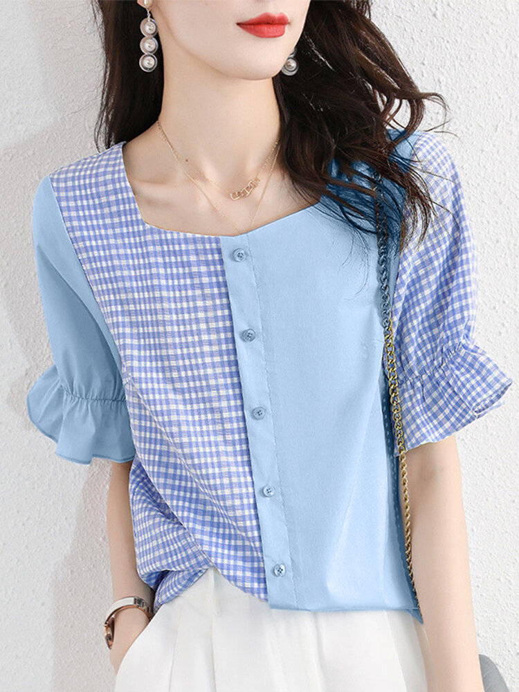 Contrast Check Button Ruffle Sleeve Square Collar Blouse