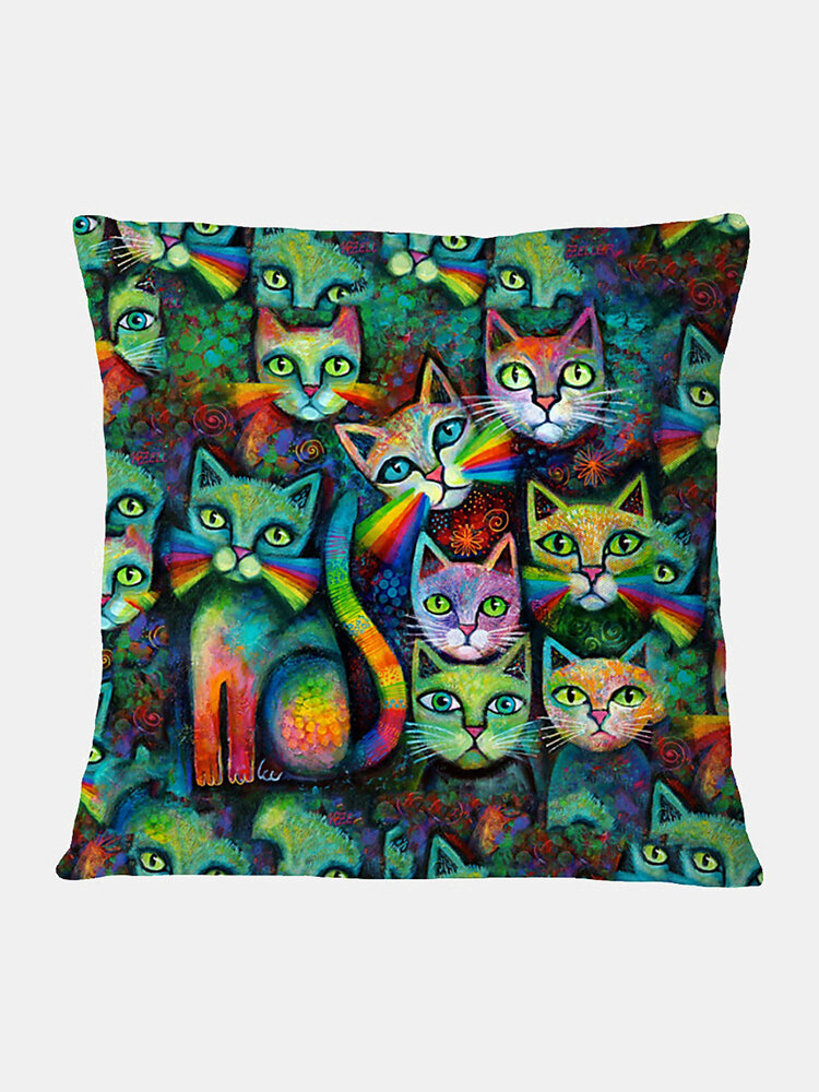 Colorful Cats Pattern Linen Cushion Cover Home Sofa Art Decor Throw Pillowcase