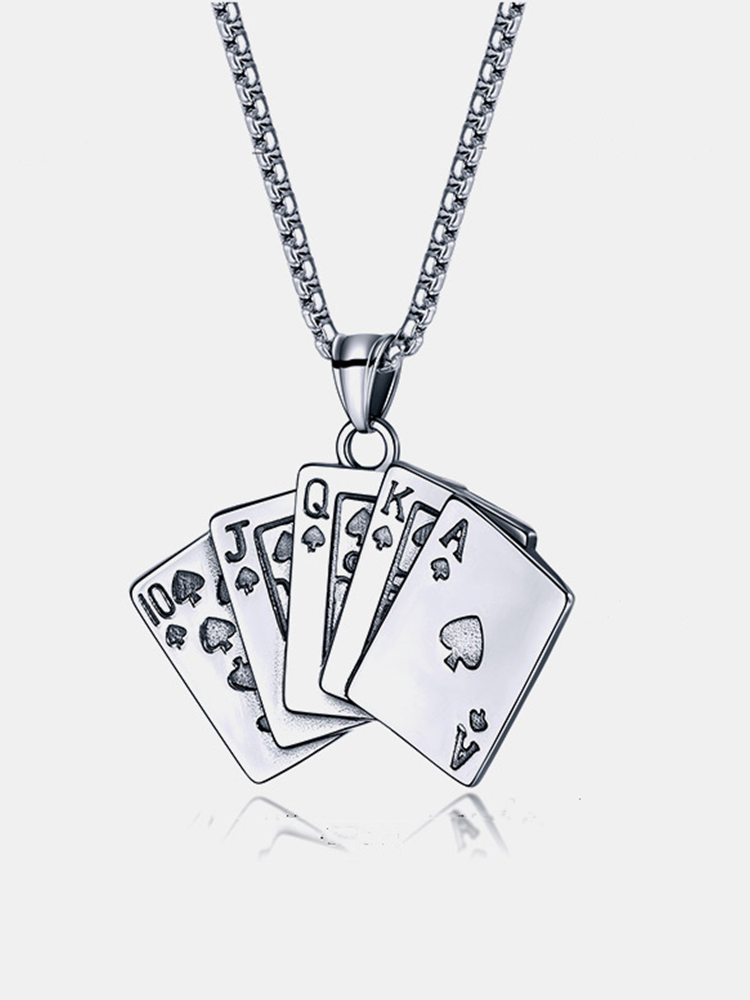 Trendy Stylish Straight Flush Playing Cards All-match Stainless Steel Necklace