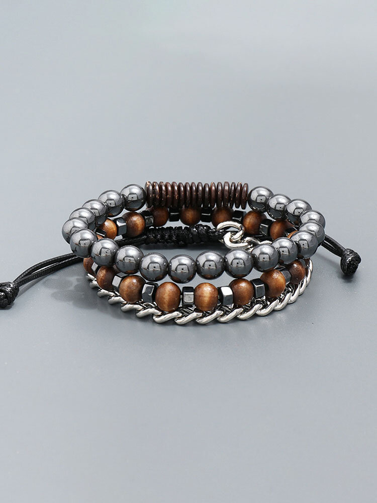 3 Pcs/Set Vintage Trendy Geometric Beaded Chain Wax Rope Black Gallstone Wood Beads Adjustable Bracelets