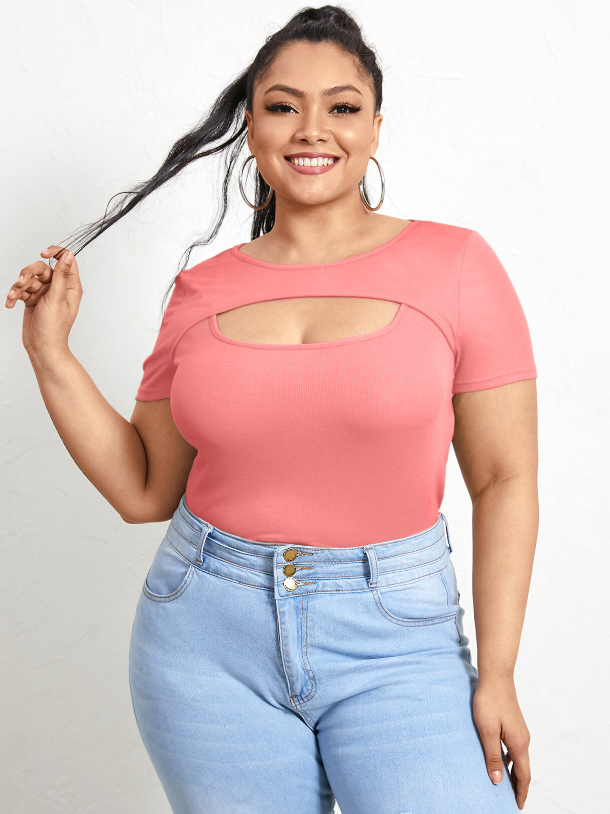 

Plus Size Cut Out Crew Neck Ribbed Short Sleeve T-Shirt, Green;pink