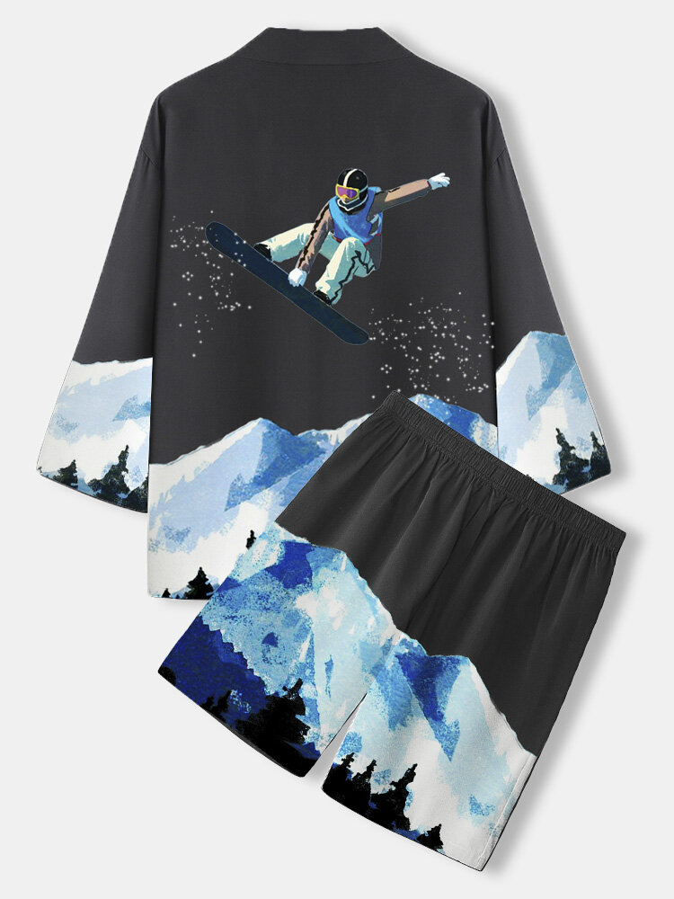 Mens Skiing Figure Mountain Print Kimono Street Two Pieces Outfits With Shorts