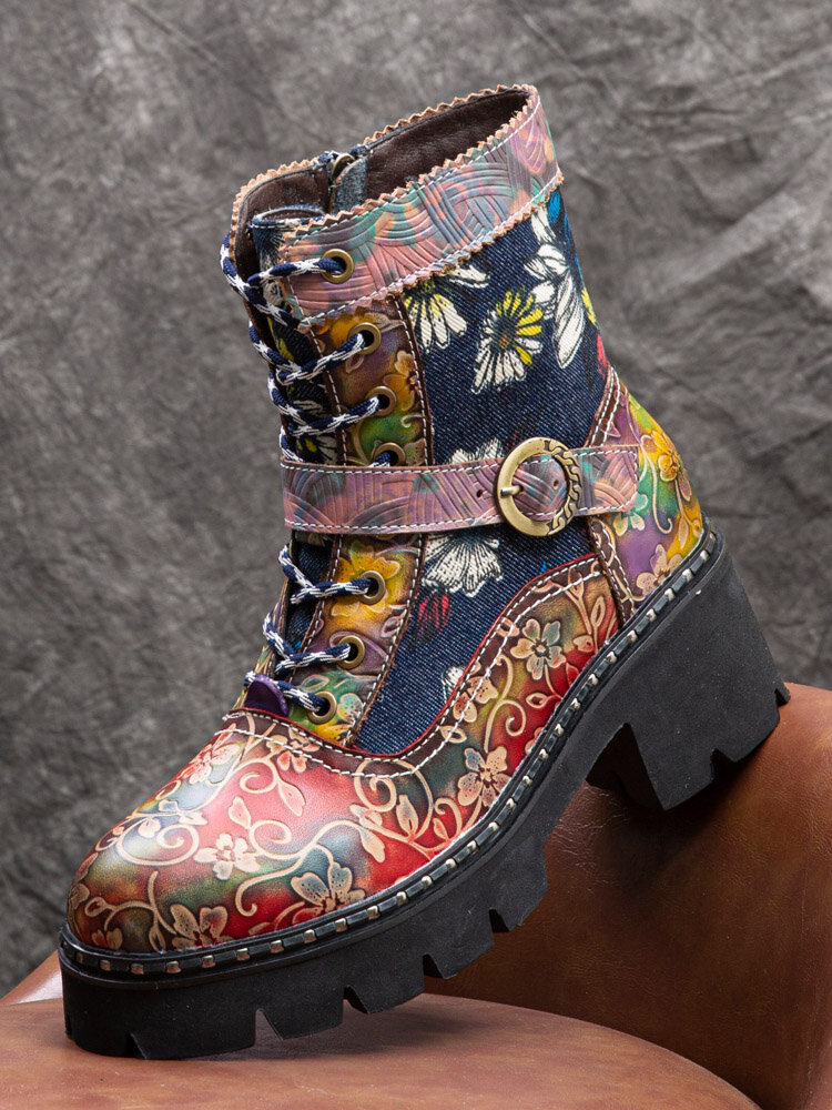 Sокофи Кожа с цветочным принтом в стиле ретро Ремень Пряжка Дизайн Боковая молния Удобная платформа Ботинки