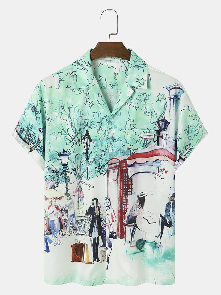 رجل خمر الشكل المشهد طباعة قمصان ريفير الياقة الشارع قصيرة الأكمام