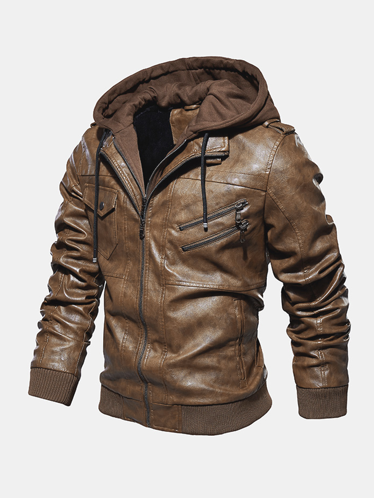 Mens PU Leather Fake Two Pieces Thickened Hooded Long Sleeve Coats Jackets