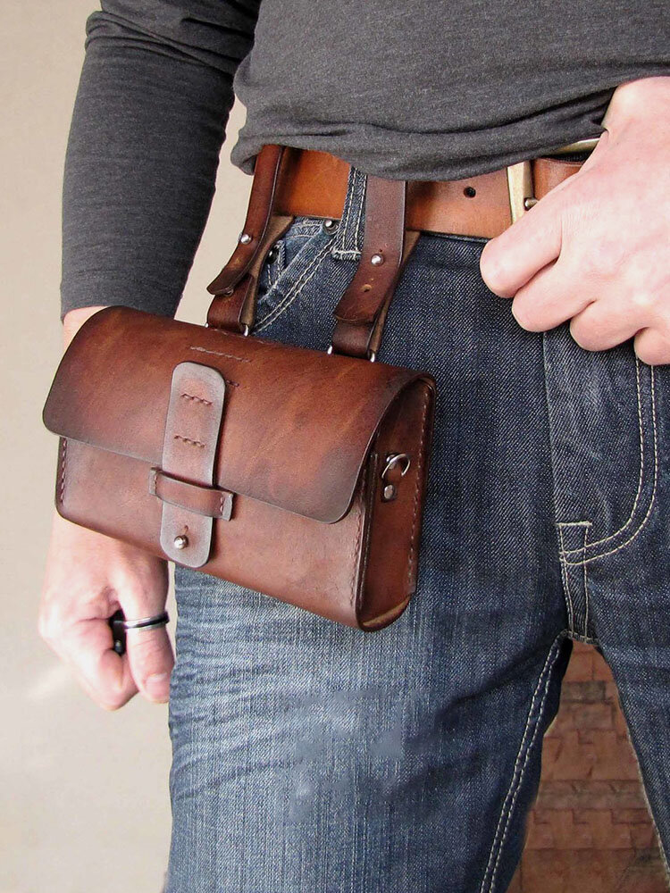 Men Genuine Leather Vintage 6.5 Inch Phone Bag Pen Loops Waist Bag Clutch Bag