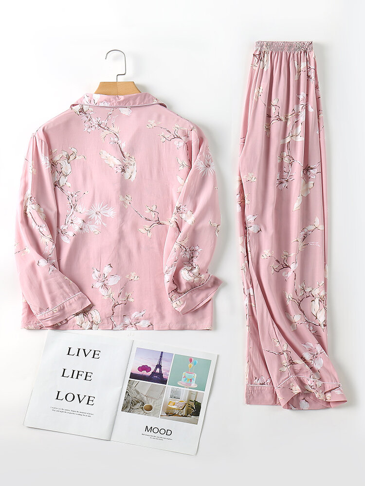 

Plant Print Lapel Contrast Binding Pajamas, Pink